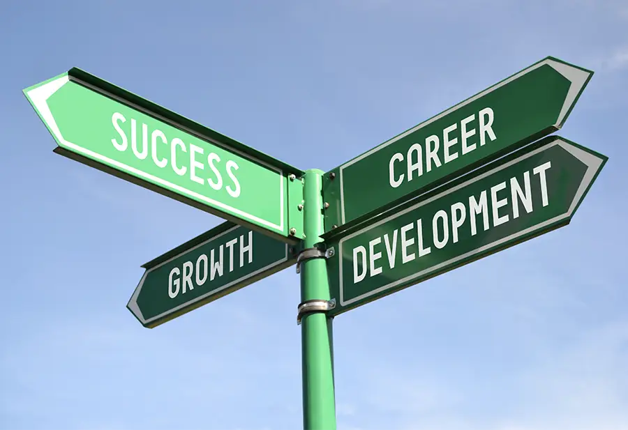 A green sign displaying the words "Success," "Career,"-Condor Security Career advancement
